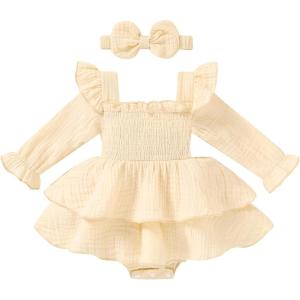 imageYOUNGER TREE Baby Girl Fall Clothes Infant Long Sleeve Ruffle Romper Dress with Headband Cute Toddler Winter OutfitsCream
