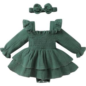 imageYOUNGER TREE Baby Girl Fall Clothes Infant Long Sleeve Ruffle Romper Dress with Headband Cute Toddler Winter OutfitsDeep Green