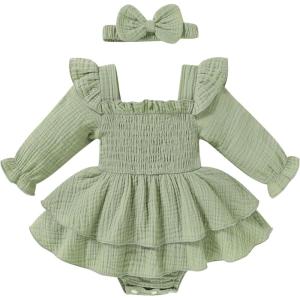 imageYOUNGER TREE Baby Girl Fall Clothes Infant Long Sleeve Ruffle Romper Dress with Headband Cute Toddler Winter OutfitsLight Green