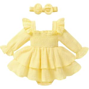 imageYOUNGER TREE Baby Girl Fall Clothes Infant Long Sleeve Ruffle Romper Dress with Headband Cute Toddler Winter OutfitsLight Yellow