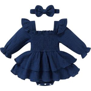 imageYOUNGER TREE Baby Girl Fall Clothes Infant Long Sleeve Ruffle Romper Dress with Headband Cute Toddler Winter OutfitsNavy Blue