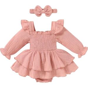 imageYOUNGER TREE Baby Girl Fall Clothes Infant Long Sleeve Ruffle Romper Dress with Headband Cute Toddler Winter OutfitsPink