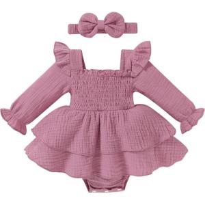 imageYOUNGER TREE Baby Girl Fall Clothes Infant Long Sleeve Ruffle Romper Dress with Headband Cute Toddler Winter OutfitsPink Purple