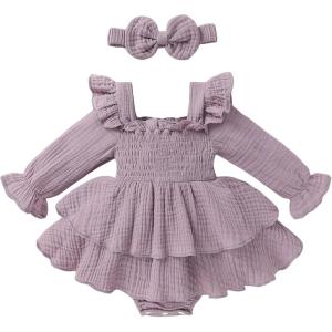 imageYOUNGER TREE Baby Girl Fall Clothes Infant Long Sleeve Ruffle Romper Dress with Headband Cute Toddler Winter OutfitsPurple