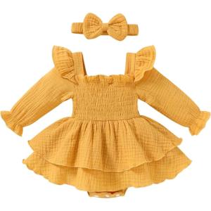 imageYOUNGER TREE Baby Girl Fall Clothes Infant Long Sleeve Ruffle Romper Dress with Headband Cute Toddler Winter OutfitsYellow