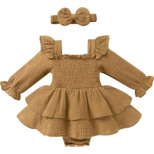 imageYOUNGER TREE Baby Girl Fall Clothes Infant Long Sleeve Ruffle Romper Dress with Headband Cute Toddler Winter OutfitsYellow Brown
