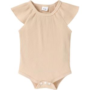 imageYOUNGER TREE Infant Toddler Baby Girls Romper Lace Flutter Sleeve Bodysuit Cotton Summer OutfitsKhaki