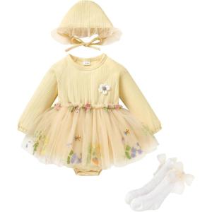 imageYOUNGER TREE Newborn Baby Girl Romper Dress Outfits Long Sleeve Floral Tutu Bodysuit with Leggings Hat Infant Fall ClothesApricot Floral