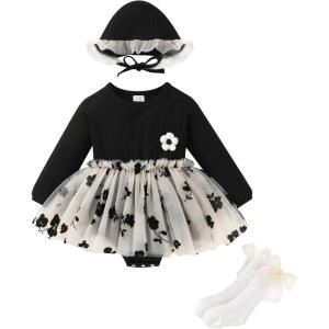 imageYOUNGER TREE Newborn Baby Girl Romper Dress Outfits Long Sleeve Floral Tutu Bodysuit with Leggings Hat Infant Fall ClothesBlack