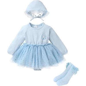 imageYOUNGER TREE Newborn Baby Girl Romper Dress Outfits Long Sleeve Floral Tutu Bodysuit with Leggings Hat Infant Fall ClothesBlue Floral