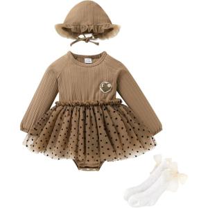 imageYOUNGER TREE Newborn Baby Girl Romper Dress Outfits Long Sleeve Floral Tutu Bodysuit with Leggings Hat Infant Fall ClothesBrown