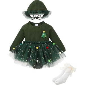 imageYOUNGER TREE Newborn Baby Girl Romper Dress Outfits Long Sleeve Floral Tutu Bodysuit with Leggings Hat Infant Fall ClothesChristmas Tree