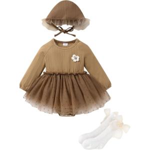 imageYOUNGER TREE Newborn Baby Girl Romper Dress Outfits Long Sleeve Floral Tutu Bodysuit with Leggings Hat Infant Fall ClothesLight Brown