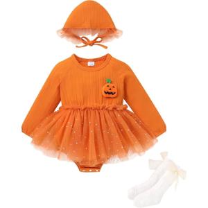 imageYOUNGER TREE Newborn Baby Girl Romper Dress Outfits Long Sleeve Floral Tutu Bodysuit with Leggings Hat Infant Fall ClothesOrange