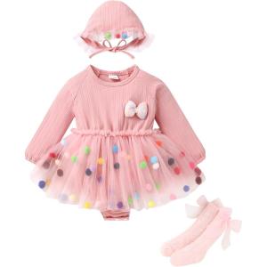 imageYOUNGER TREE Newborn Baby Girl Romper Dress Outfits Long Sleeve Floral Tutu Bodysuit with Leggings Hat Infant Fall ClothesPink
