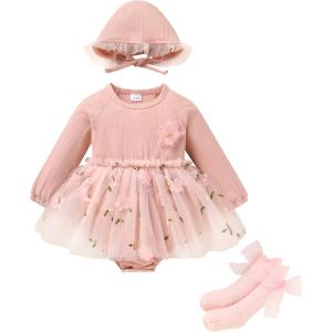 imageYOUNGER TREE Newborn Baby Girl Romper Dress Outfits Long Sleeve Floral Tutu Bodysuit with Leggings Hat Infant Fall ClothesPink Floral