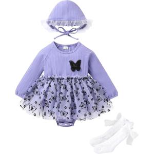imageYOUNGER TREE Newborn Baby Girl Romper Dress Outfits Long Sleeve Floral Tutu Bodysuit with Leggings Hat Infant Fall ClothesPurple Butterflies