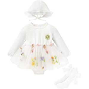 imageYOUNGER TREE Newborn Baby Girl Romper Dress Outfits Long Sleeve Floral Tutu Bodysuit with Leggings Hat Infant Fall ClothesWhite