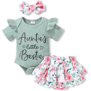 imageYOUNGER TREE Newborn Baby Girl Auntie Clothes Auntie Is My Bestie Romper Shorts with Headband Girl Auntie Outfits03 MonthsGreen2