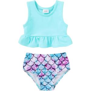 imageYOUNGER TREE Toddler Baby Girls Summer Swimsuit Sleeveless Striped Swimwear TwoPiece Suit Beach BikiniBlue Mermaid