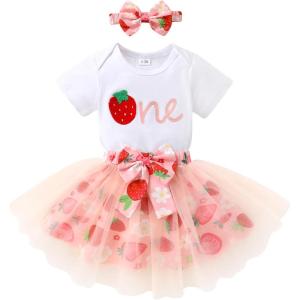 imageNewborn Baby Girls My 1st Birthday Dress Infant Shiny Printed Sequin Bowknot Tutu Princess DressPink Tulle and Strawberry