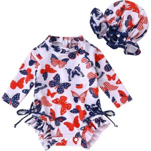 imageInfant Baby Girl Swimsuit OnePiece Long Sleeve Rash Guard with Hat Set Floral Zipper Bathing Suit Leopard Beach WearIndependence Day Butterfly