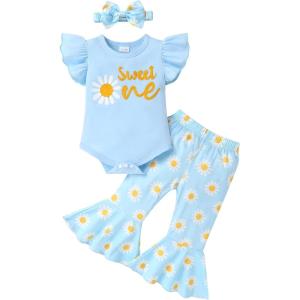 imageYOUNGER TREE Baby Girl 1st Birthday Outfit  My First Birthday Romper ampamp Flared PantsBlue Daisy Sweet One