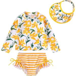 image:imageYOUNGER TREE Toddler Baby Girls Swimsuit Long Sleeve Bathing Suit Rash Guard Swim Suit Bikini Set UPF 50Orange Flower