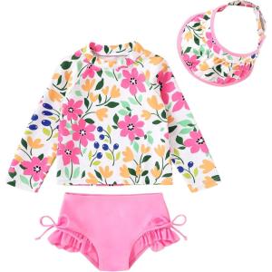 image:imageYOUNGER TREE Toddler Baby Girls Swimsuit Long Sleeve Bathing Suit Rash Guard Swim Suit Bikini Set UPF 50Pink Flower