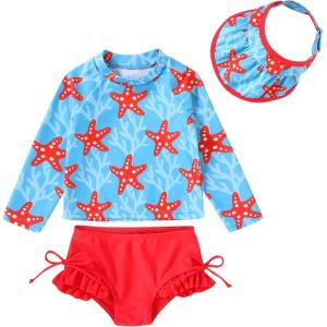 image:imageYOUNGER TREE Toddler Baby Girls Swimsuit Long Sleeve Bathing Suit Rash Guard Swim Suit Bikini Set UPF 50Red Starfish